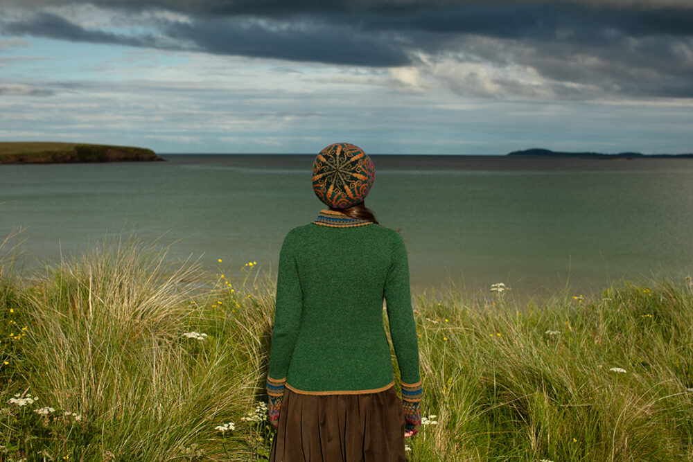 The Otter pullover and Firebirds Hat Set patterncard kit designs by Jade Starmore in Hebridean 2 Ply