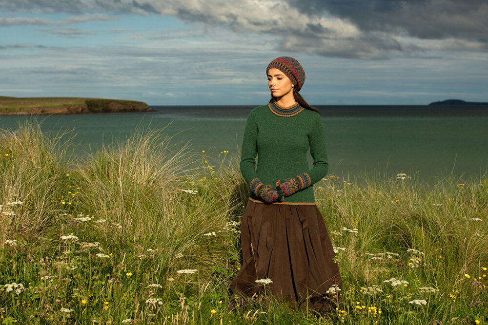 The Otter pullover and Firebirds Hat Set patterncard kit designs by Jade Starmore in Hebridean 2 Ply
