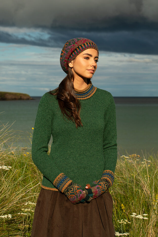 The Otter pullover and Firebirds Hat Set patterncard kit designs by Jade Starmore in Hebridean 2 Ply