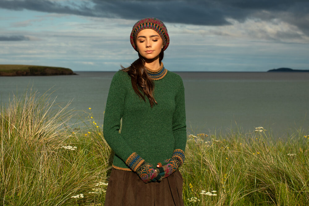 The Otter pullover and Firebirds Hat Set patterncard kit designs by Jade Starmore in Hebridean 2 Ply