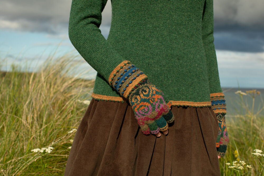 The Otter pullover and Firebirds Hat Set patterncard kit designs by Jade Starmore in Hebridean 2 Ply