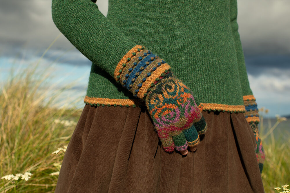 The Otter pullover and Firebirds Hat Set patterncard kit designs by Jade Starmore in Hebridean 2 Ply