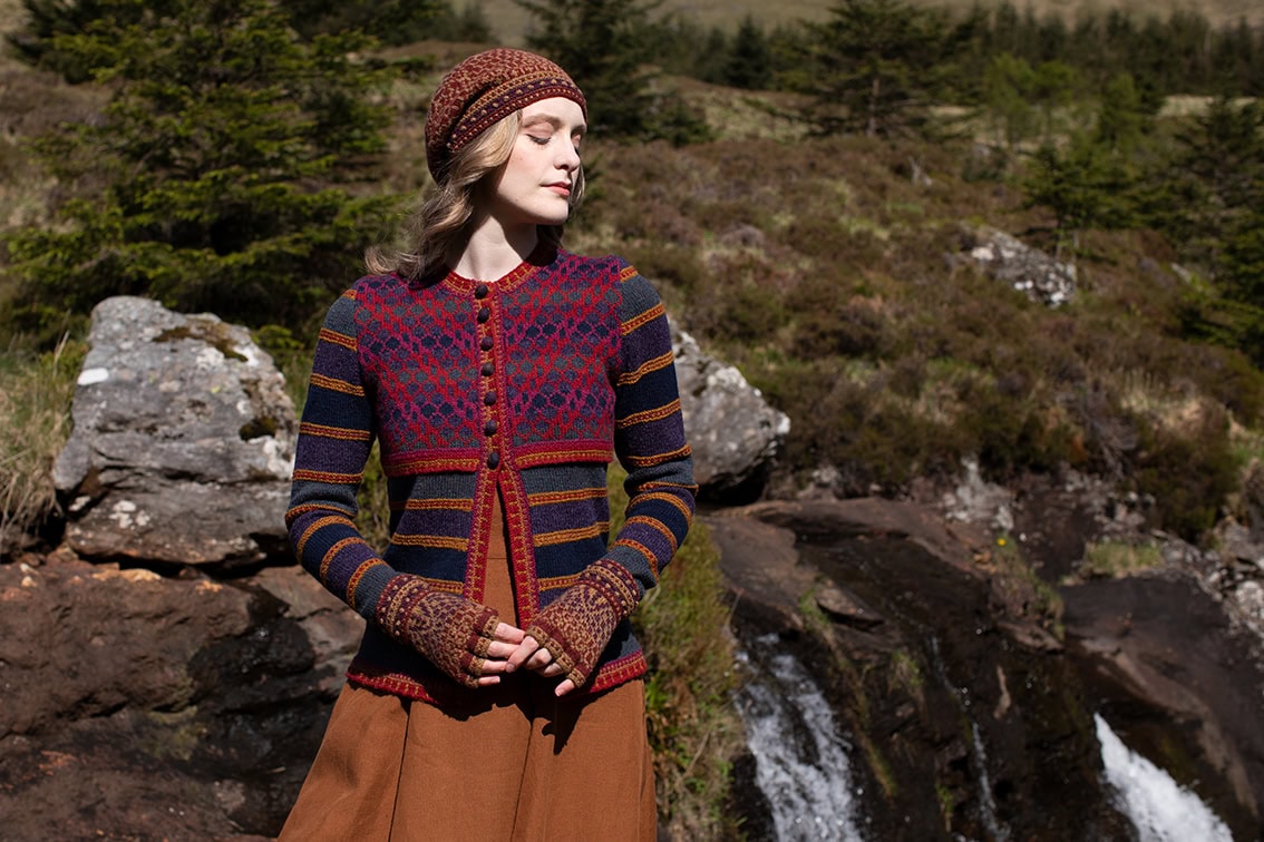 The Damselfly Cardigan patterncard kit design by Alice Starmore in Hebridean 2 Ply