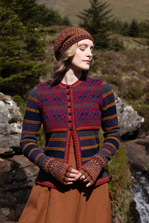 The Damselfly Cardigan patterncard kit design by Alice Starmore in Hebridean 2 Ply
