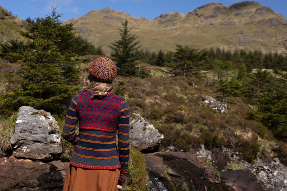 The Damselfly Cardigan patterncard kit design by Alice Starmore in Hebridean 2 Ply