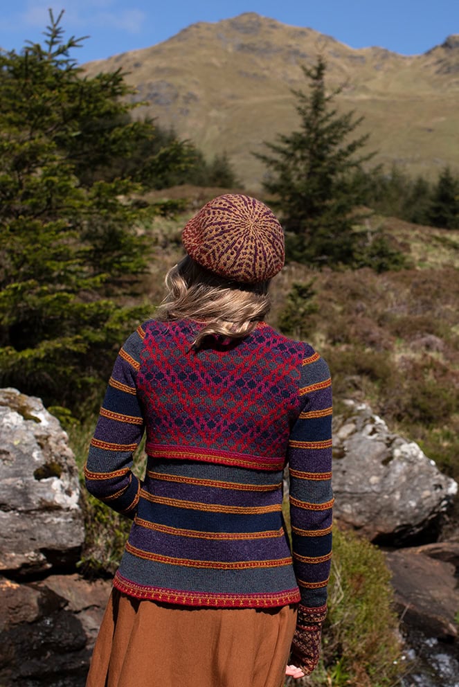 The Damselfly Cardigan patterncard kit design by Alice Starmore in Hebridean 2 Ply