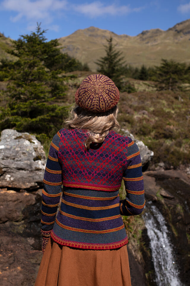 The Damselfly Cardigan patterncard kit design by Alice Starmore in Hebridean 2 Ply