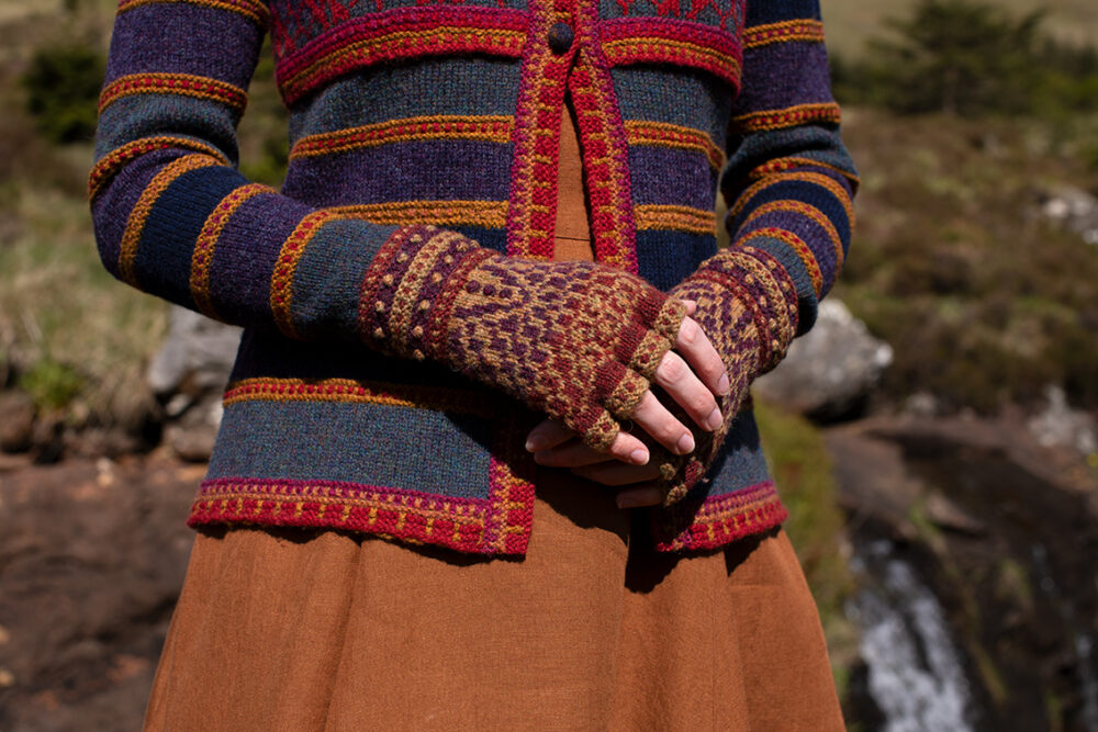 The Damselfly Cardigan patterncard kit design by Alice Starmore in Hebridean 2 Ply