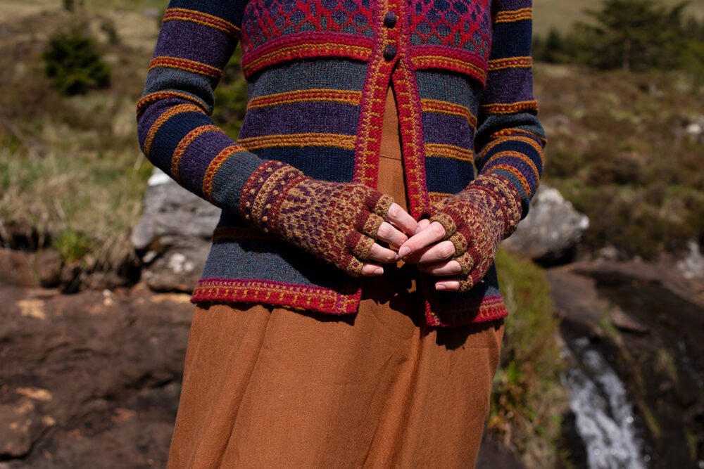 The Damselfly Cardigan patterncard kit design by Alice Starmore in Hebridean 2 Ply
