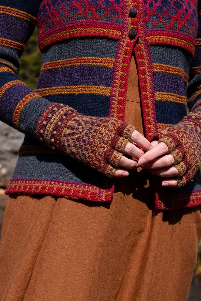 The Damselfly Cardigan patterncard kit design by Alice Starmore in Hebridean 2 Ply