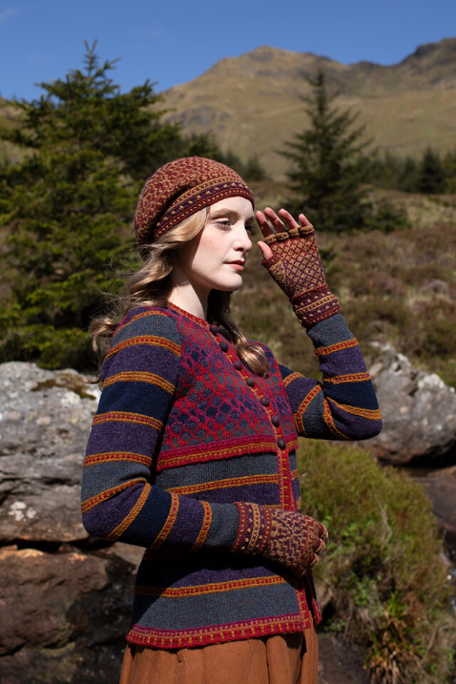 The Damselfly Cardigan patterncard kit design by Alice Starmore in Hebridean 2 Ply