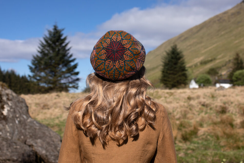 Greeta Hat Set patterncard kit design by Alice Starmore in Hebridean 2 Ply yarn