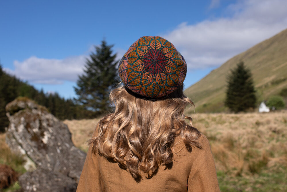 Greeta Hat Set patterncard kit design by Alice Starmore in Hebridean 2 Ply yarn