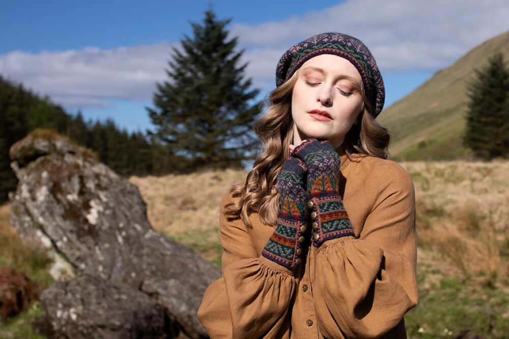 Greeta Hat Set patterncard kit design by Alice Starmore in Hebridean 2 Ply yarn