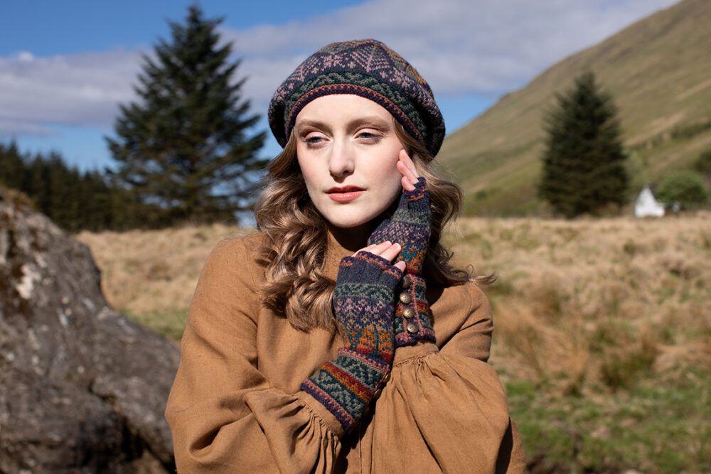 Greeta Hat Set patterncard kit design by Alice Starmore in Hebridean 2 Ply yarn