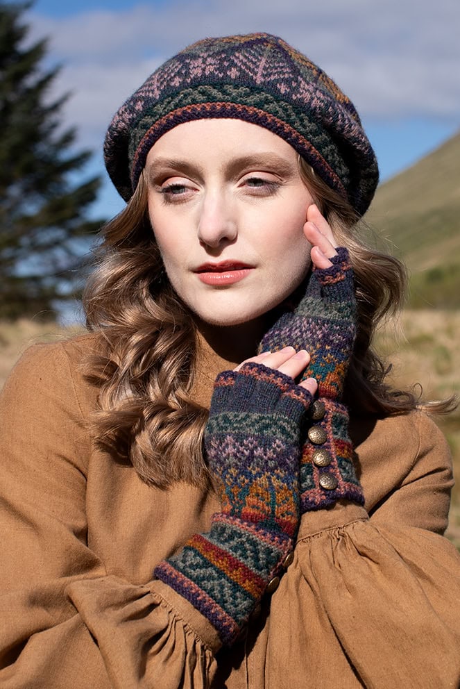Greeta Hat Set patterncard kit design by Alice Starmore in Hebridean 2 Ply yarn