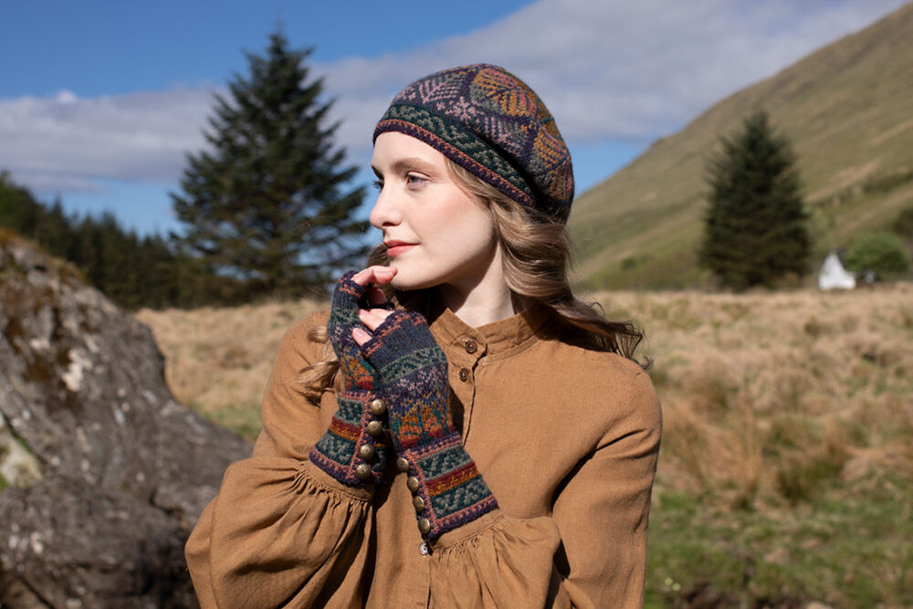 Greeta Hat Set patterncard kit design by Alice Starmore in Hebridean 2 Ply yarn