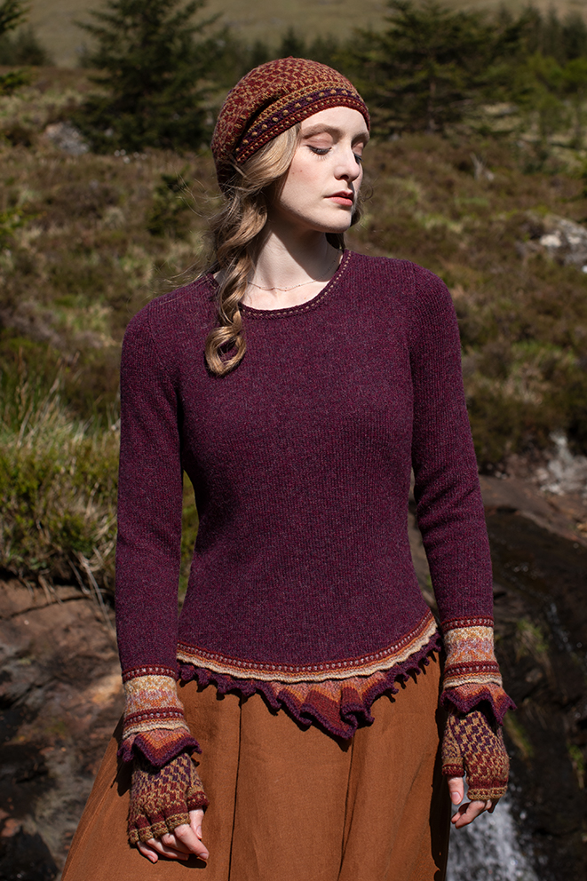 The Herald Pullover and Briodag Hat Set patterncard kit designs by Alice Starmore in Hebridean 2 Ply