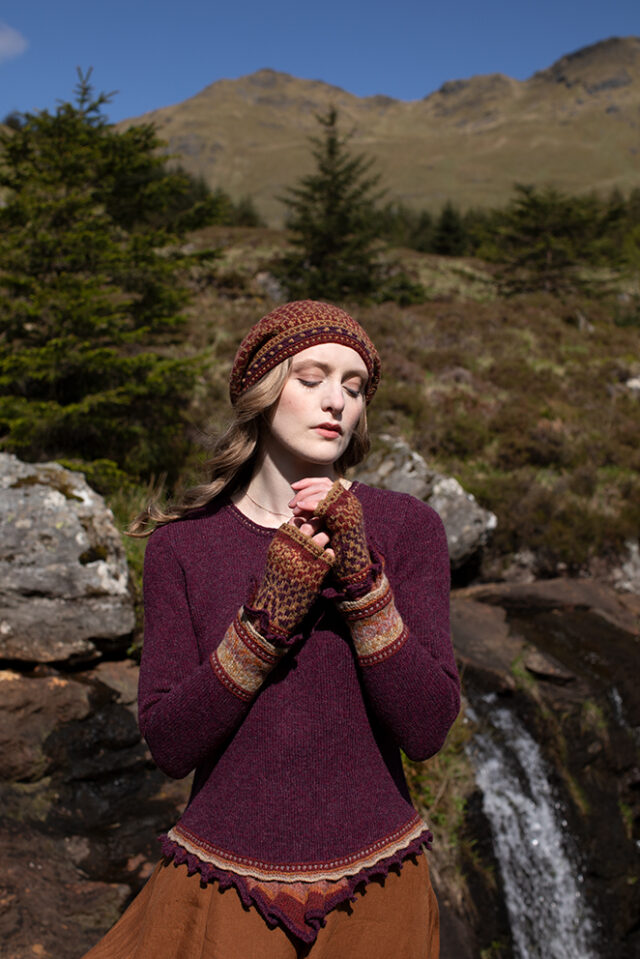 The Herald Pullover and Briodag Hat Set patterncard kit designs by Alice Starmore in Hebridean 2 Ply