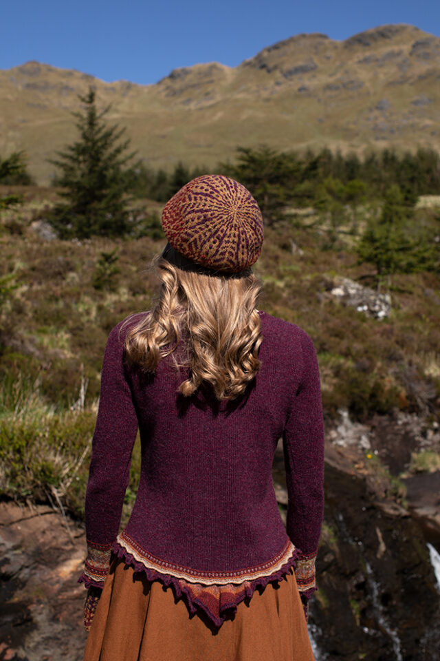 The Herald Pullover and Briodag Hat Set patterncard kit designs by Alice Starmore in Hebridean 2 Ply