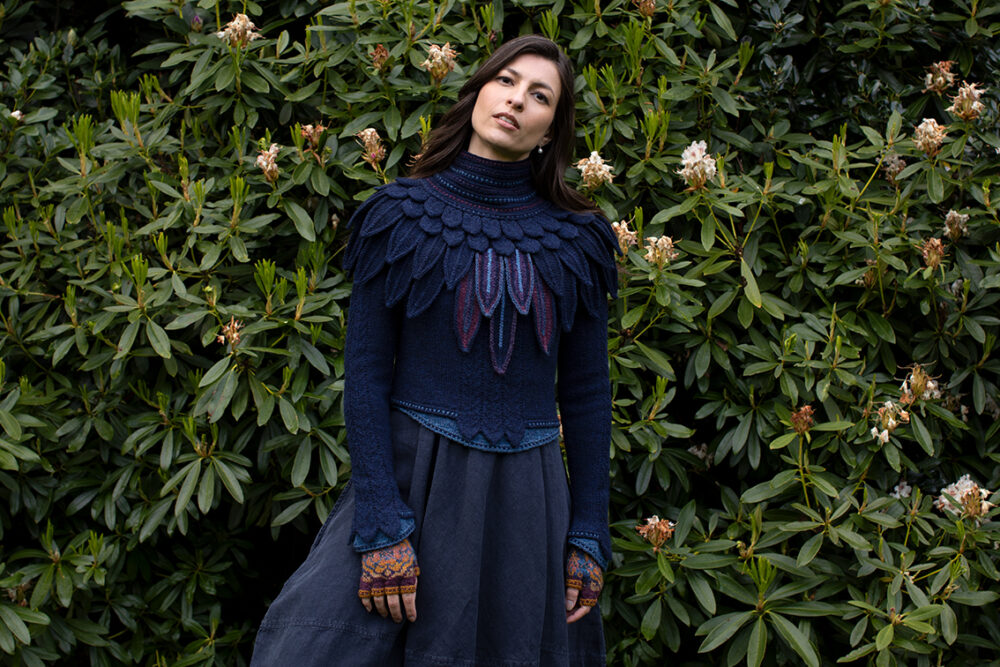 The Lapwing Pullover, Lapwing Collar and Mary Tudor Hat Set patterncard kit designs by Alice Starmore in Hebridean 2 Ply
