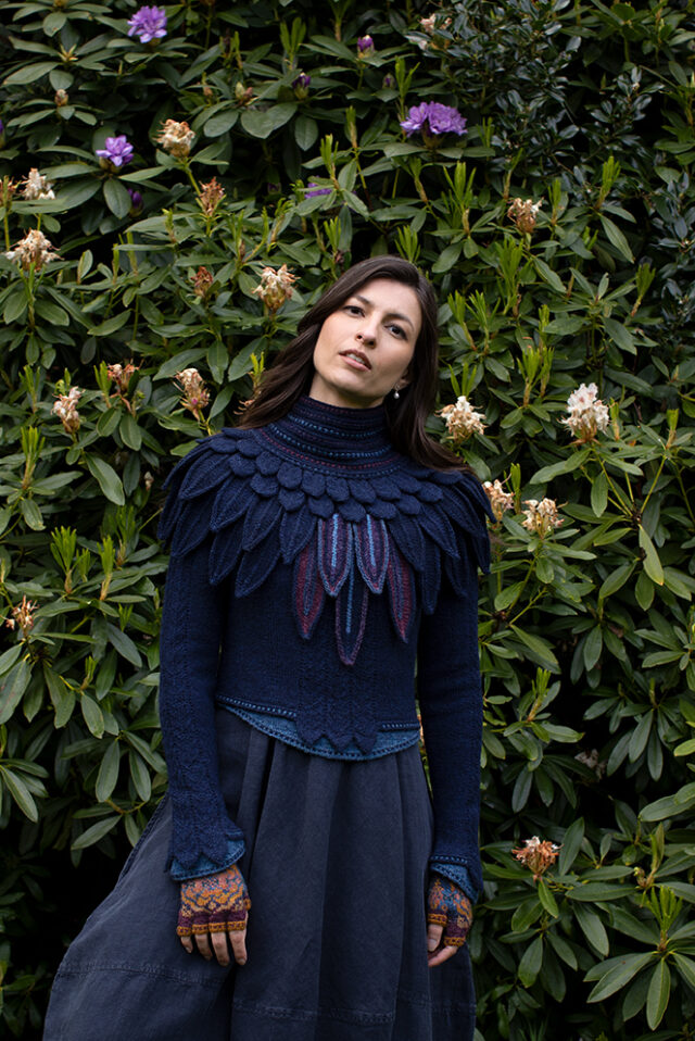 The Lapwing Pullover, Lapwing Collar and Mary Tudor Hat Set patterncard kit designs by Alice Starmore in Hebridean 2 Ply