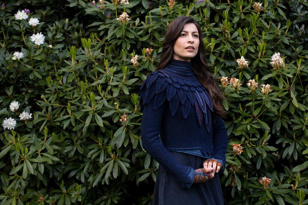 The Lapwing Pullover, Lapwing Collar and Mary Tudor Hat Set patterncard kit designs by Alice Starmore in Hebridean 2 Ply