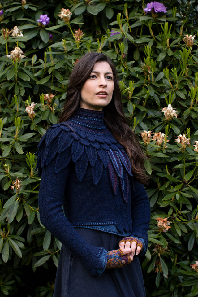 The Lapwing Pullover, Lapwing Collar and Mary Tudor Hat Set patterncard kit designs by Alice Starmore in Hebridean 2 Ply