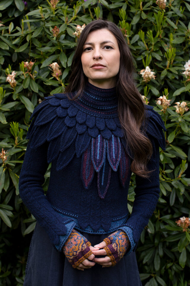 The Lapwing Pullover, Lapwing Collar and Mary Tudor Hat Set patterncard kit designs by Alice Starmore in Hebridean 2 Ply