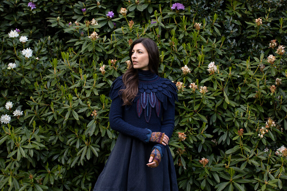 The Lapwing Pullover, Lapwing Collar and Mary Tudor Hat Set patterncard kit designs by Alice Starmore in Hebridean 2 Ply
