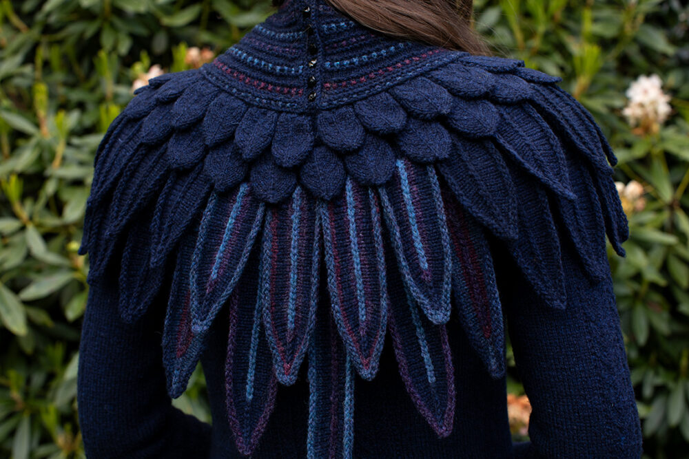 The Lapwing Pullover, Lapwing Collar and Mary Tudor Hat Set patterncard kit designs by Alice Starmore in Hebridean 2 Ply