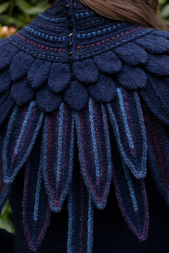 The Lapwing Pullover, Lapwing Collar and Mary Tudor Hat Set patterncard kit designs by Alice Starmore in Hebridean 2 Ply