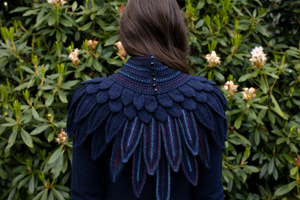 The Lapwing Pullover, Lapwing Collar and Mary Tudor Hat Set patterncard kit designs by Alice Starmore in Hebridean 2 Ply