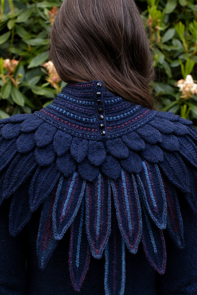 The Lapwing Pullover, Lapwing Collar and Mary Tudor Hat Set patterncard kit designs by Alice Starmore in Hebridean 2 Ply