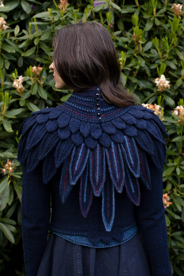 The Lapwing Pullover, Lapwing Collar and Mary Tudor Hat Set patterncard kit designs by Alice Starmore in Hebridean 2 Ply