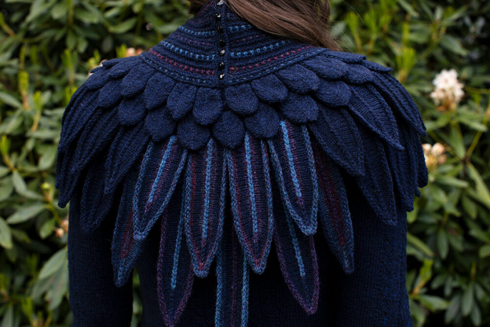 The Lapwing Pullover, Lapwing Collar and Mary Tudor Hat Set patterncard kit designs by Alice Starmore in Hebridean 2 Ply