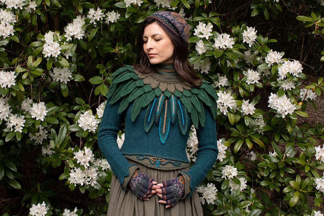 The Lapwing Pullover, Lapwing Collar and Greeta Hat Set patterncard kit designs by Alice Starmore in Hebridean 2 Ply