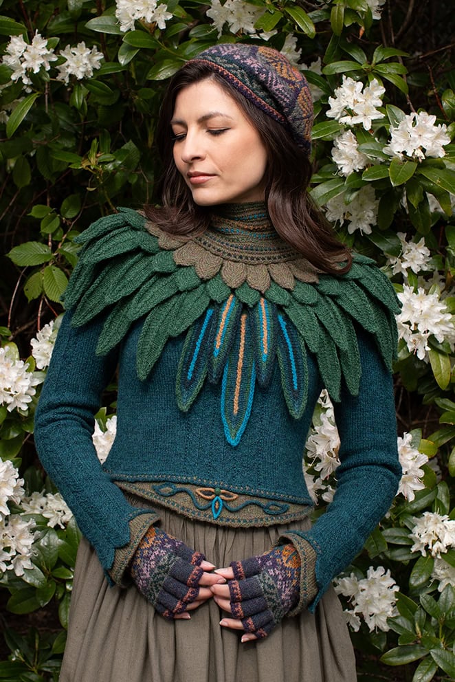 The Lapwing Pullover, Lapwing Collar and Greeta Hat Set patterncard kit designs by Alice Starmore in Hebridean 2 Ply
