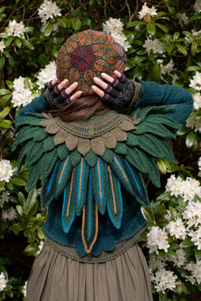 The Lapwing Pullover, Lapwing Collar and Greeta Hat Set patterncard kit designs by Alice Starmore in Hebridean 2 Ply