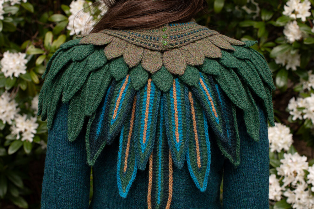 The Lapwing Pullover, Lapwing Collar and Greeta Hat Set patterncard kit designs by Alice Starmore in Hebridean 2 Ply