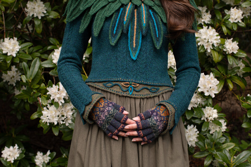 The Lapwing Pullover, Lapwing Collar and Greeta Hat Set patterncard kit designs by Alice Starmore in Hebridean 2 Ply