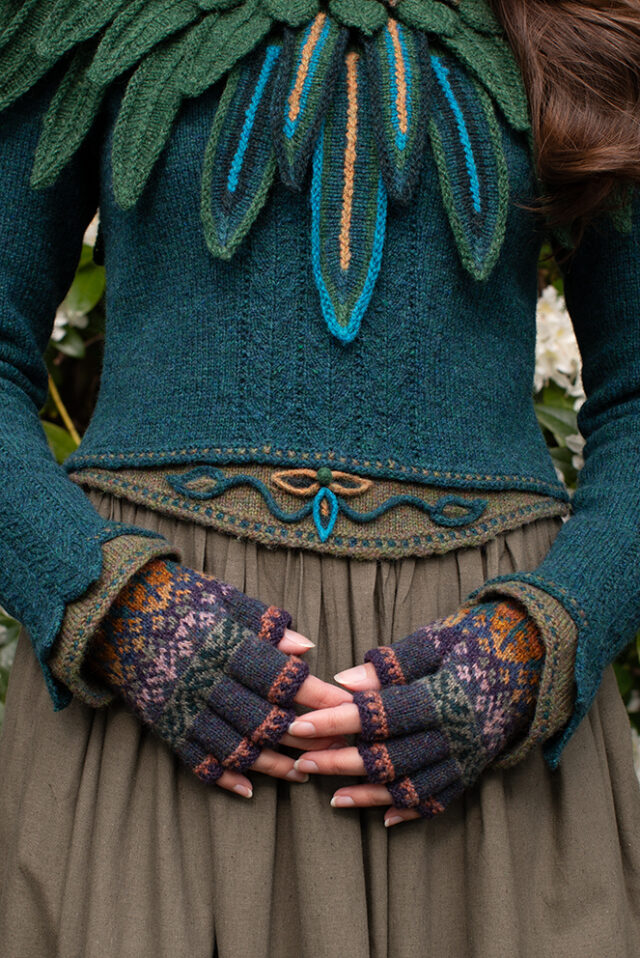 The Lapwing Pullover, Lapwing Collar and Greeta Hat Set patterncard kit designs by Alice Starmore in Hebridean 2 Ply