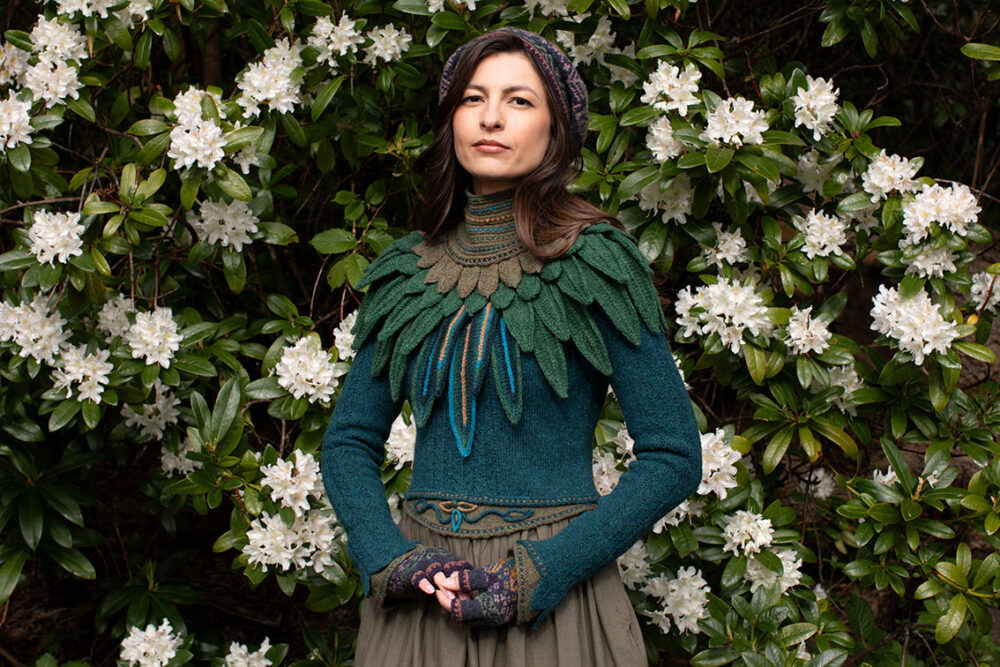 The Lapwing Pullover, Lapwing Collar and Greeta Hat Set patterncard kit designs by Alice Starmore in Hebridean 2 Ply