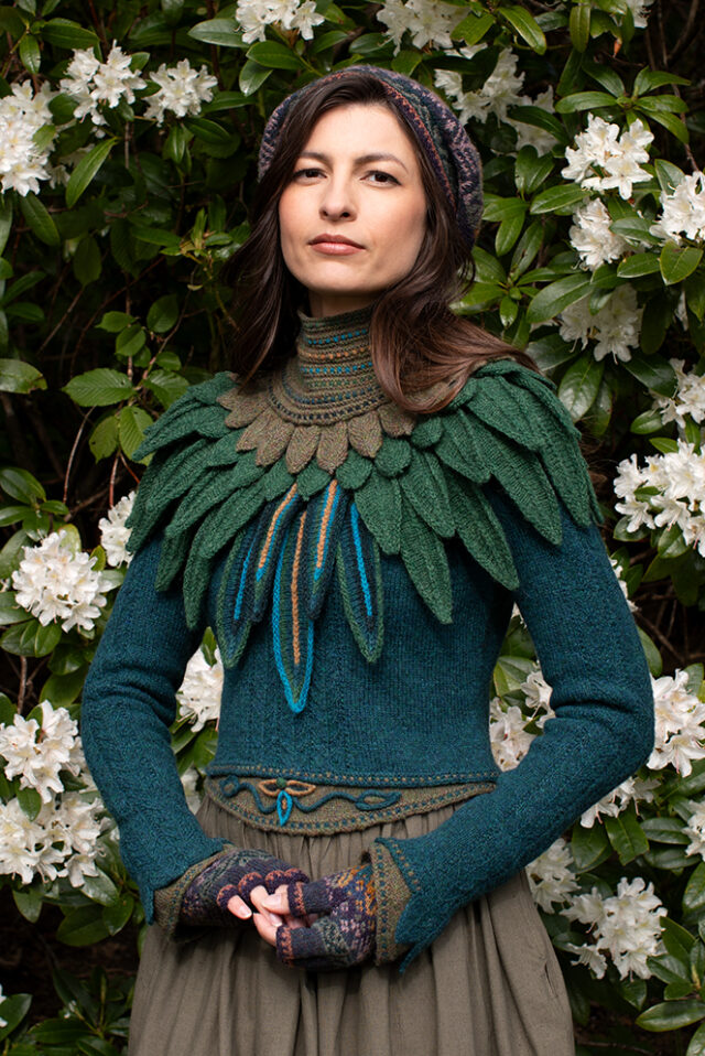 The Lapwing Pullover, Lapwing Collar and Greeta Hat Set patterncard kit designs by Alice Starmore in Hebridean 2 Ply