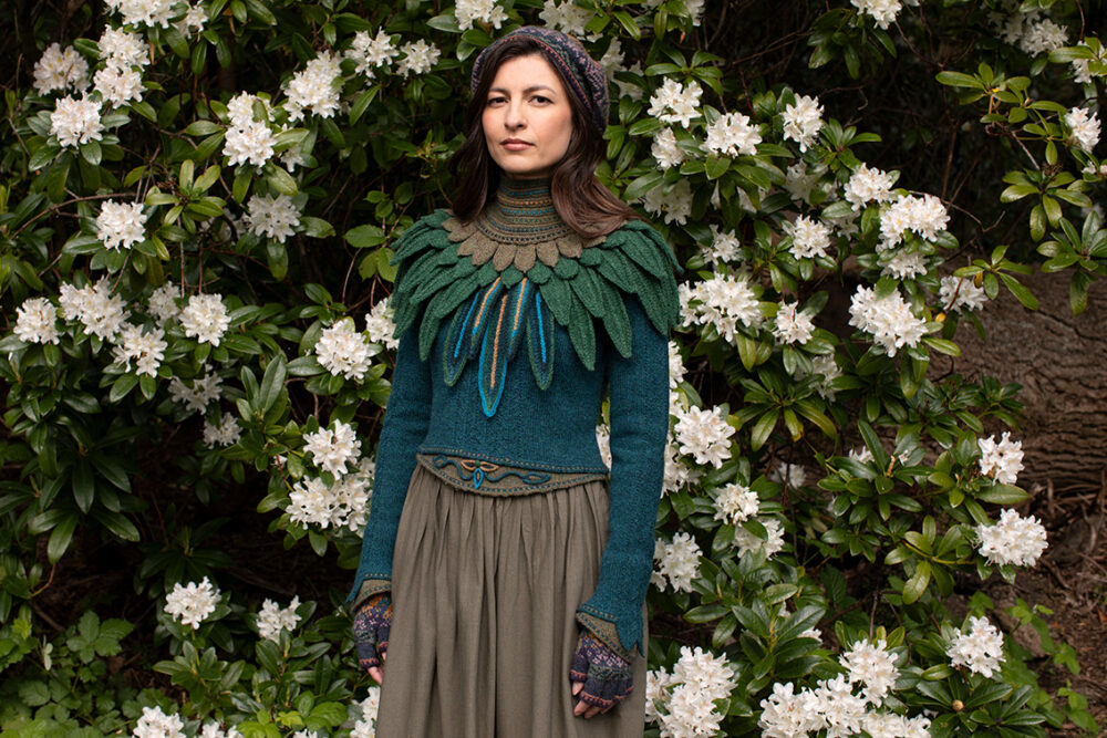 The Lapwing Pullover, Lapwing Collar and Greeta Hat Set patterncard kit designs by Alice Starmore in Hebridean 2 Ply