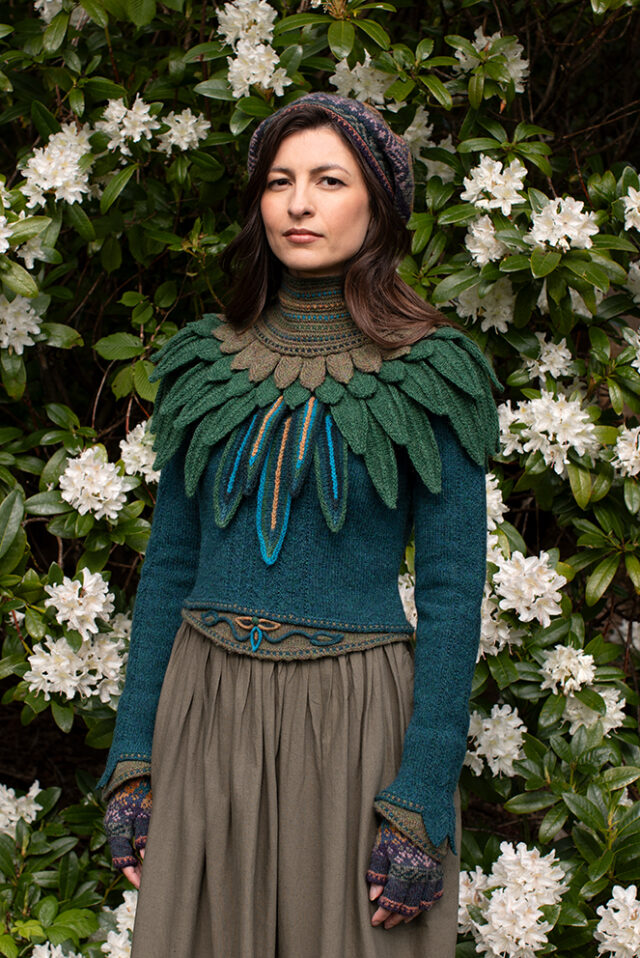 The Lapwing Pullover, Lapwing Collar and Greeta Hat Set patterncard kit designs by Alice Starmore in Hebridean 2 Ply