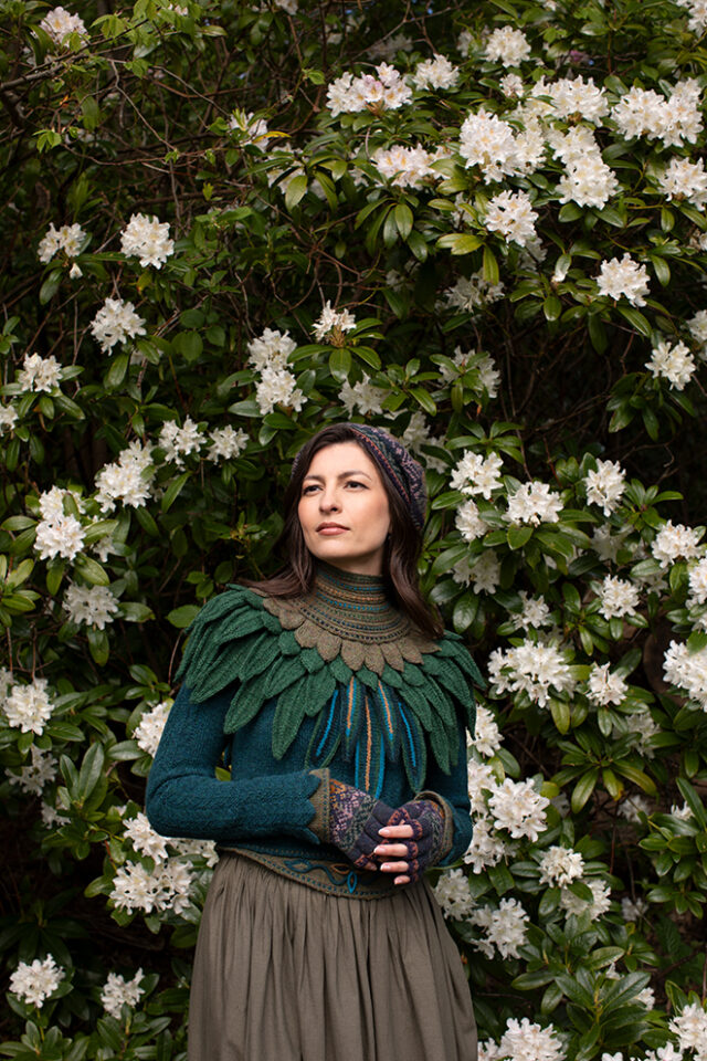 The Lapwing Pullover, Lapwing Collar and Greeta Hat Set patterncard kit designs by Alice Starmore in Hebridean 2 Ply