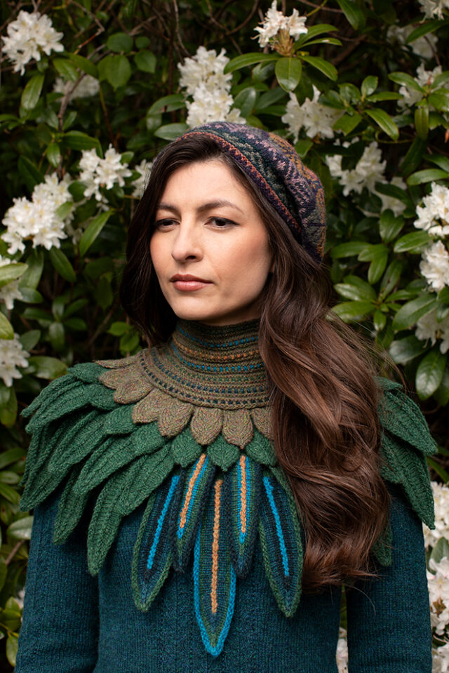 The Lapwing Pullover, Lapwing Collar and Greeta Hat Set patterncard kit designs by Alice Starmore in Hebridean 2 Ply