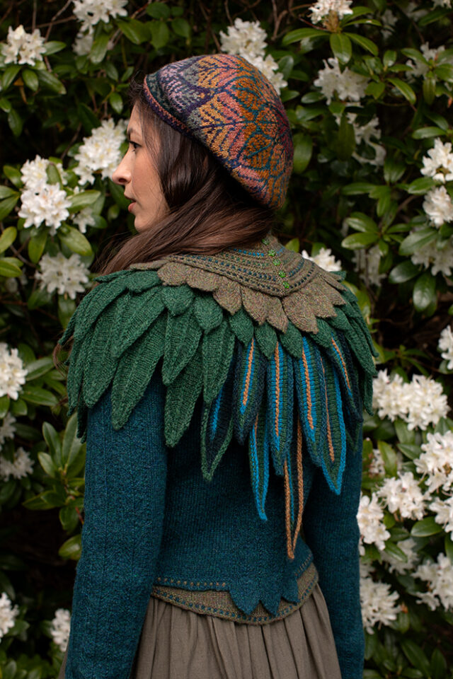 The Lapwing Pullover, Lapwing Collar and Greeta Hat Set patterncard kit designs by Alice Starmore in Hebridean 2 Ply