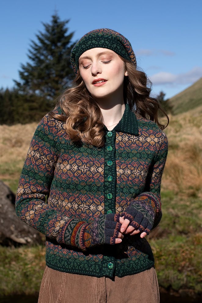 The Queen Anne's Lace Cardigan and Beret and Greeta gloves patterncard kit designs by Alice Starmore in Hebridean 2 Ply